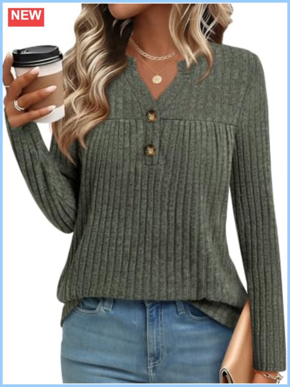 Long Sleeve Henley Tunic Top Ribbed Knit V-Neck Pullover Sweater
